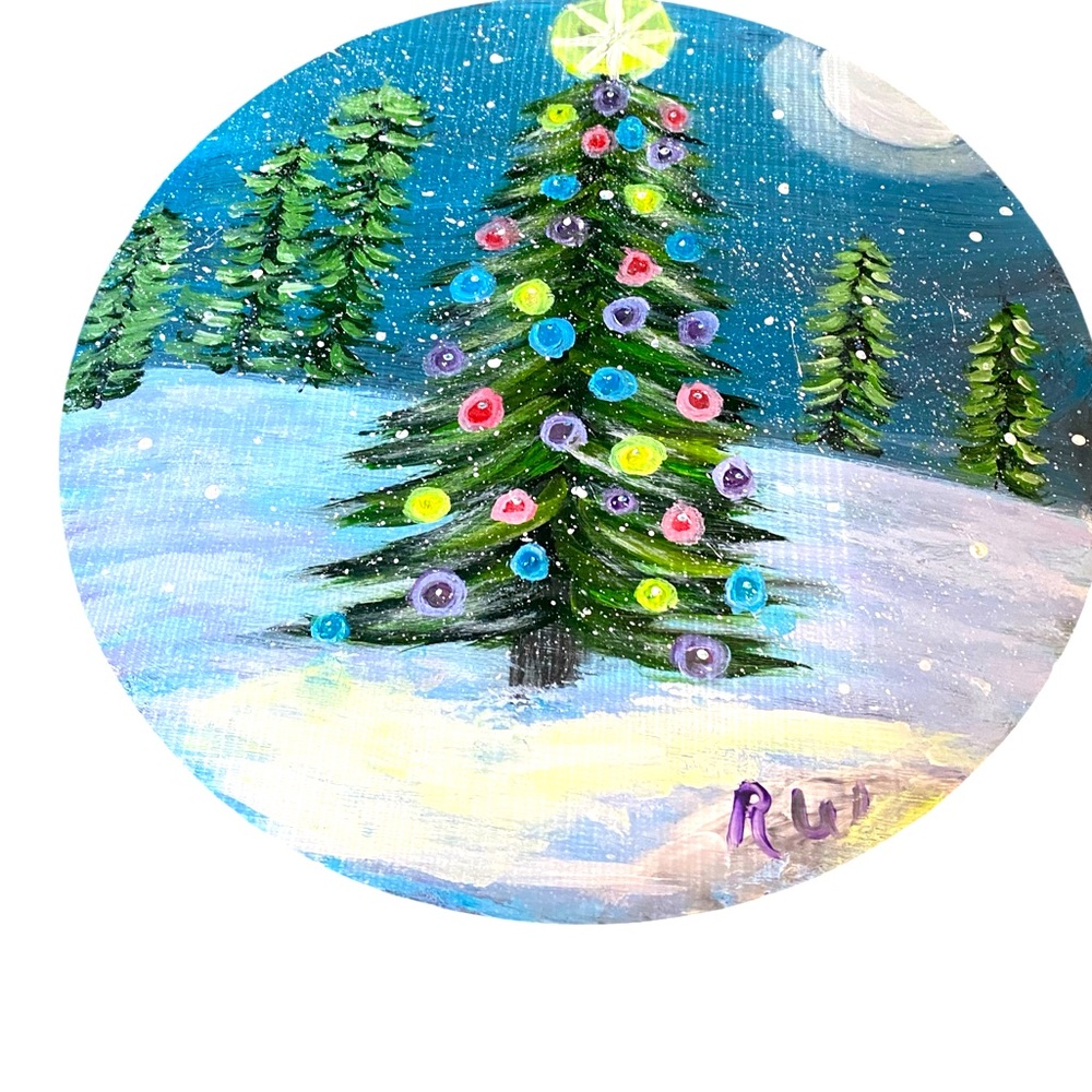 11 inch wood circle with Christmas tree painting . Acrylic paint artist myself